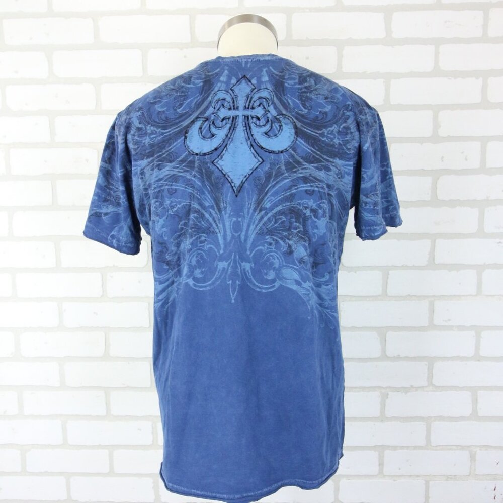 Affliction T-Shirt Large Blue Fleur De Lis READ Distressed Tiny Holes Y2K - Picture 2 of 15
